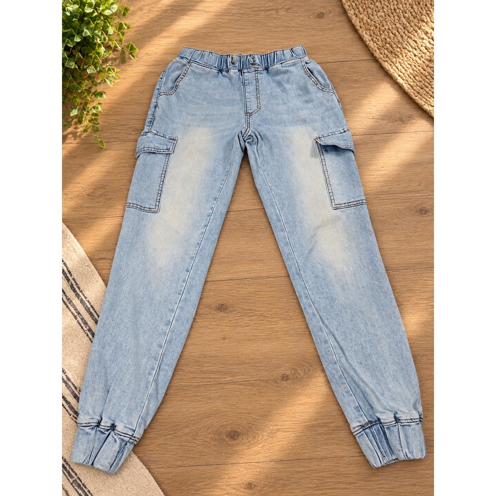 Almost Famous Womens Light Wash Cargo Denim Jogger Jeans Blue Size S